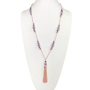 Liz Claiborne Tassel Necklace Rose Gold Multicolor Gemstone Beads Jewelry